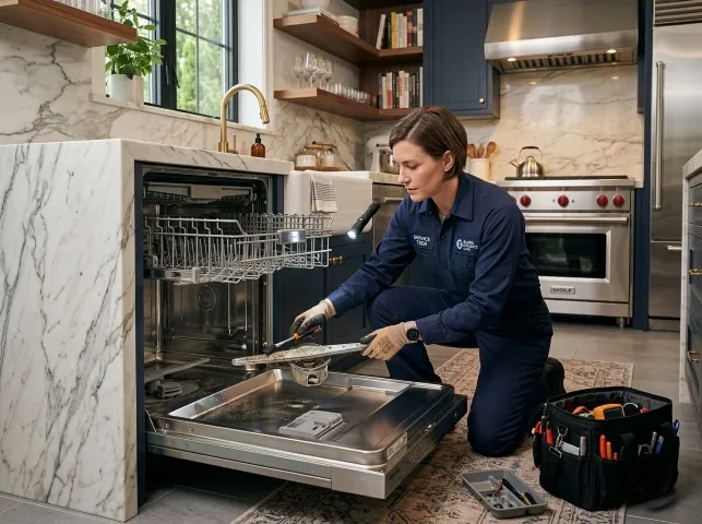 Appliance Repair Hero technician servicing a built-in dishwasher in a Arnold, MD kitchen