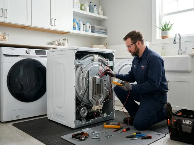 Appliance Repair Hero technician checking a dryer heating element with the rear panel off in Arnold, MD
