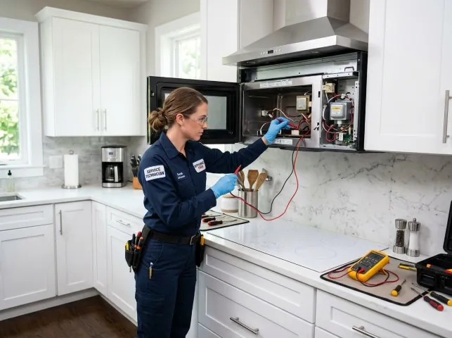 Appliance Repair Hero technician testing an over-the-range microwave in a Arnold, MD kitchen