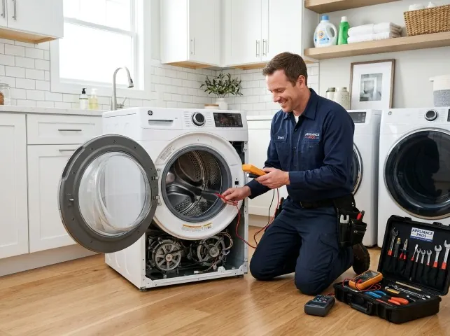 Appliance Repair Hero technician testing a front-load washer with a multimeter on a Arnold, MD service call